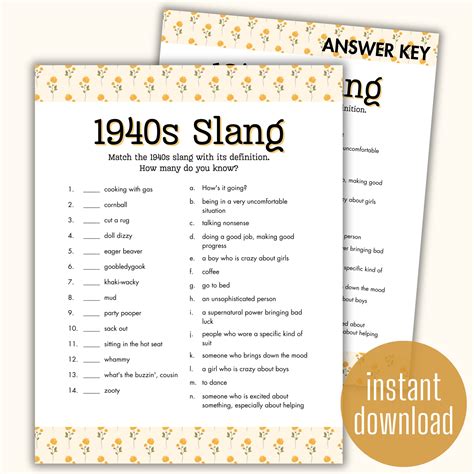1940s Trivia Slang Game | Play With Kids and Adults | Digital Printable ...