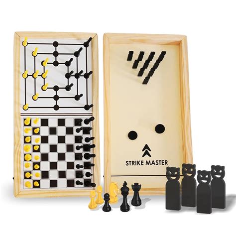 3-in-1 Strategic Wooden Chess Board Indoor Game Set with Strike Master ...
