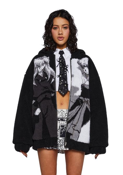Dolls Kill x InuYasha Sesshomaru Anime Sherpa Hoodie Jacket - Black