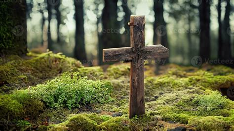 Forest dig cemetery, funeral background - Wooden cross on moss. Natural ...