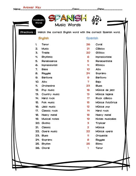 Spanish Music Words Vocabulary Matching Worksheet & Answer Key | Made ...