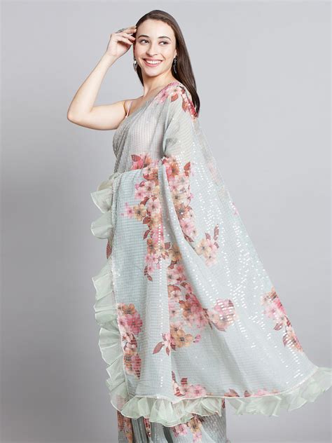 Light Green Floral Print Georgette Saree With Ruffle – Tirumala Designers