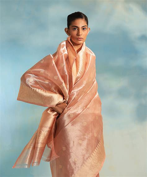 Light Peach And Gold Pure Kora Tissue Banarasi Saree With Kadhwa Booti ...