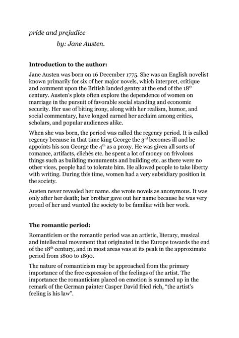 Pride and prejudice - important notes - pride and prejudice by: Jane ...