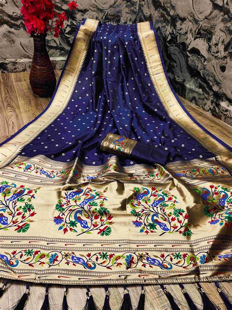 Deserving Navy Blue Paithani Silk Saree With Ethnic Blouse Piece ...