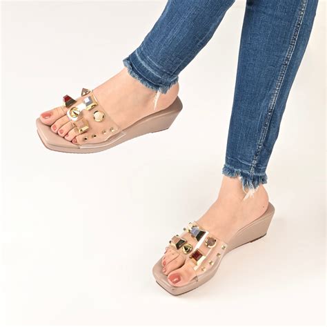 TRANSPARENT STUDDED WEDGE MULES