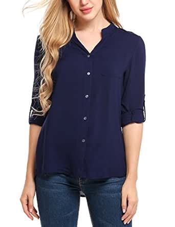 Buy Beyove Women Casual V-Neck Long Sleeve Solid Button-Down Shirts ...