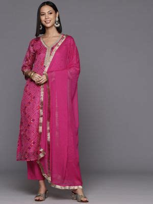 Buy Varanga Women Pink Printed Kurta with Pant and Dupatta (Set of 3 ...