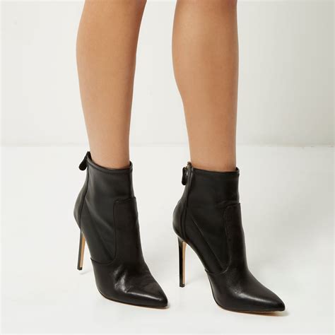 River island Black Leather Stretch Heeled Ankle Boots in Black | Lyst