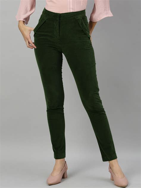 Buy RAREISM Women Olive Green Slim Fit Trousers - Trousers for Women ...