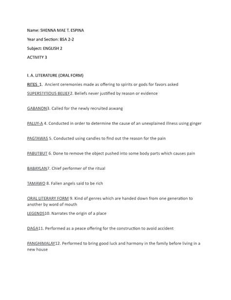Espina- Literature ORAL FORM - Name: SHENNA MAE T. ESPINA Year and ...