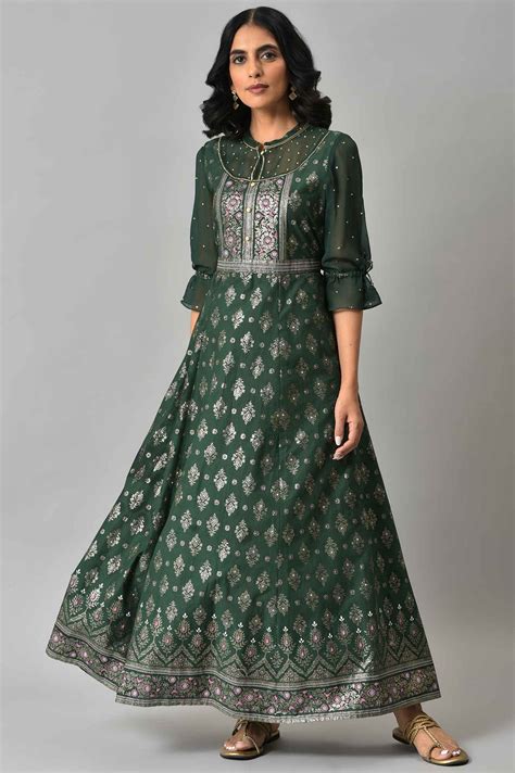 Buy Green Festive Dress with Six Panel Flare Online for Woman | Shop ...