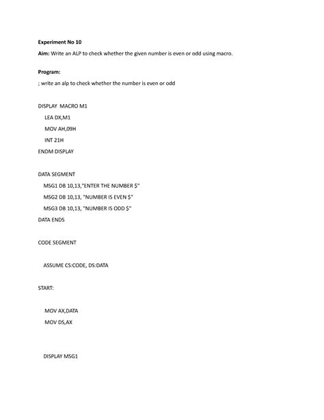 Write an ALP to check whether the given number is even or odd using ...