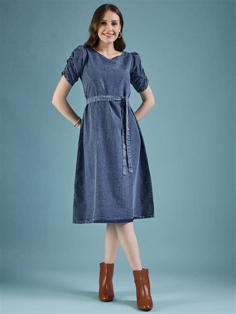 Buy DressBerry Blue Puff Sleeve V Neck Denim A Line Dress - Dresses for ...