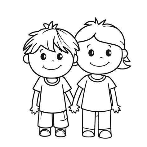 Two Kids Holding Hands Drawing Coloring Pages Outline Sketch Vector ...