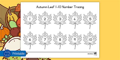Autumn Maths Worksheet | Leaf Numbers | 1-10 Tracing