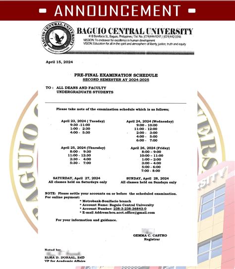 Pre-Final Examination Schedule Second Sem AY 2023-2024 – BAGUIO CENTRAL ...