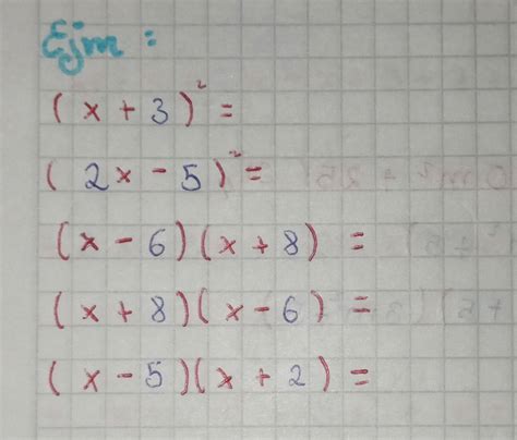 Resuelto:Gim: (x+3)^2= (2x-5)^2= (x-6)(x+8)= (x+8)(x-6)= (x-5)(x+2)=