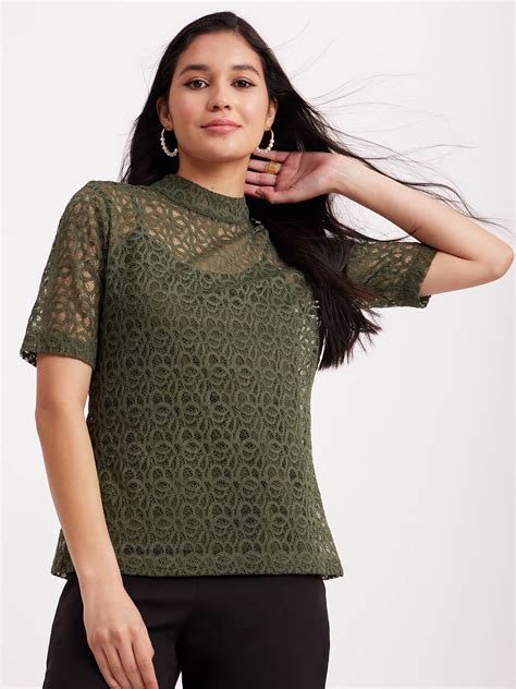 Buy Olive Band Neck Lace Top Online | FableStreet