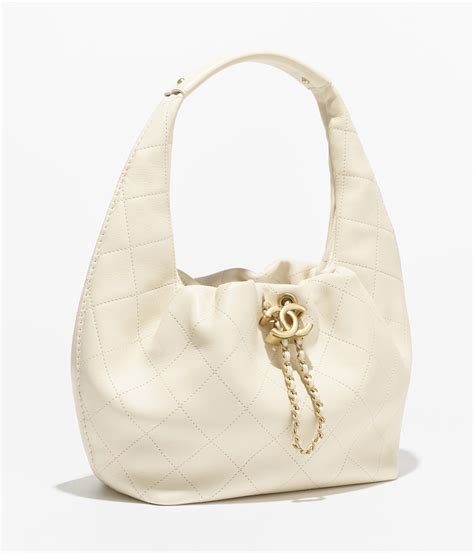 Hobo handbag, Calfskin & gold-tone metal, light beige — Fashion | CHANEL