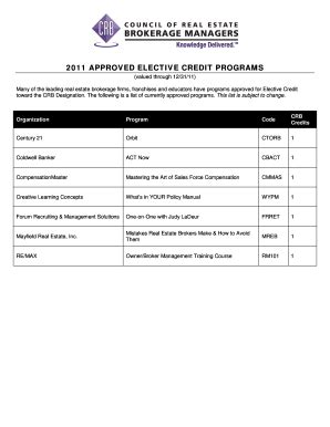 Fillable Online 2011 APPROVED ELECTIVE CREDIT PROGRAMS Fax Email Print ...