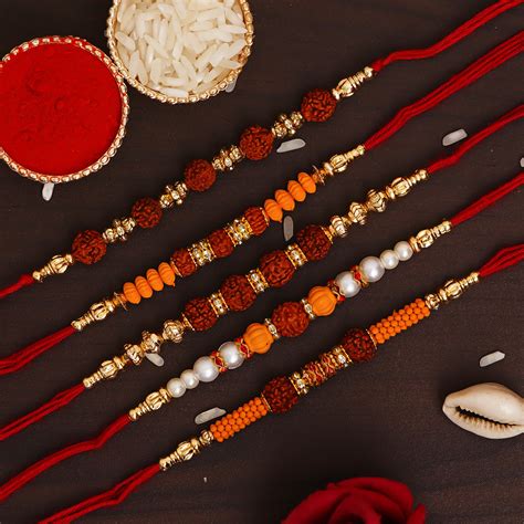 eCraftIndia Set of 5 Beads Pearls Diamond Rudraksha Rakhis for Brother