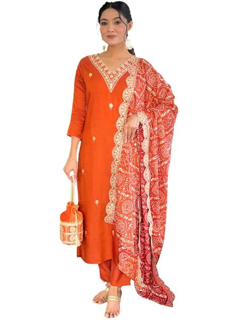 Buy Naixa Women's Orange BSY Viscose Embroidered Straight Kurta with ...