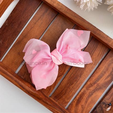 Heart Print Organza Bow Hair Clip – Hairbounce.in