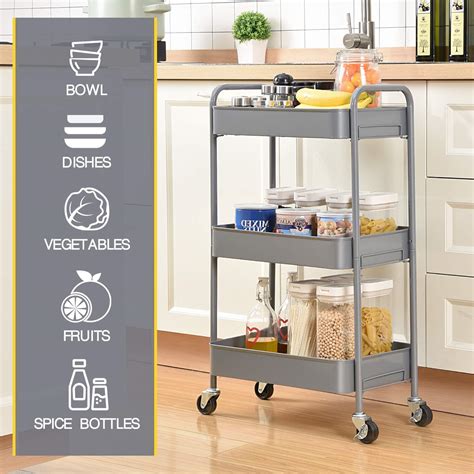 TOOLF 3-Tier Rolling Cart, Metal Utility Cart with Lockable Wheels ...