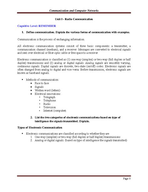 CCN UNIT 1 - Basic Electronics - Unit I - Radio Communication Cognitive ...