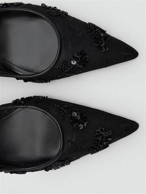 Mango Lucide Mesh Embellished Kitten Heel Sandals, Black