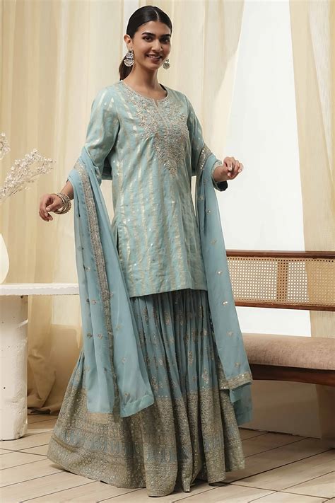 Buy Powder Blue Embroidered Straight Suit Set Online at Biba India