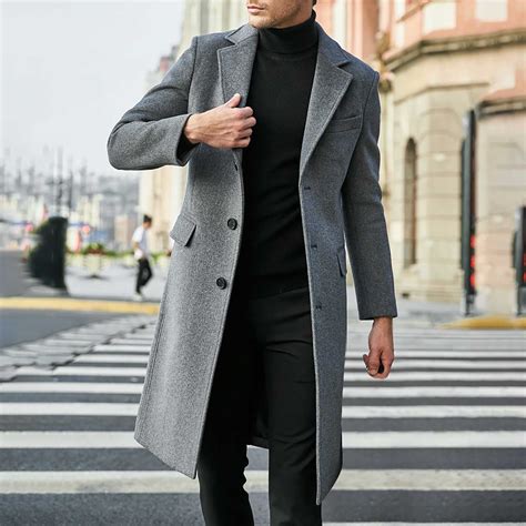 Xysaqa Men's Notched Lapel Trench Coat Single Breasted Wool-Blended ...
