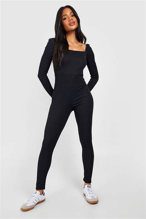 Basic Square Neck Rib Long Sleeve Unitard Jumpsuit | boohoo USA
