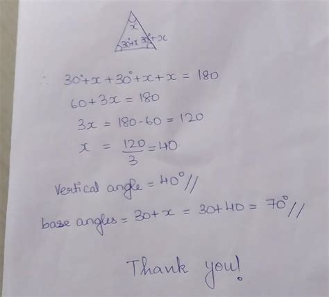 Is an isosceles triangle each base angle is 30 degree greater than the ...