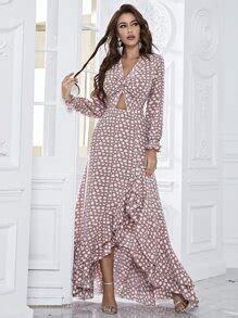 YISIKADO Allover Print Twist Front Cut-out Lantern Sleeve Split Thigh ...