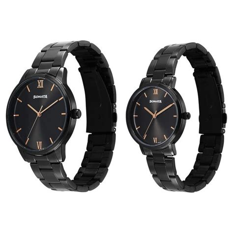 Buy Online Sonata Perfect Pairs Quartz Analog Black Dial Black Metal ...