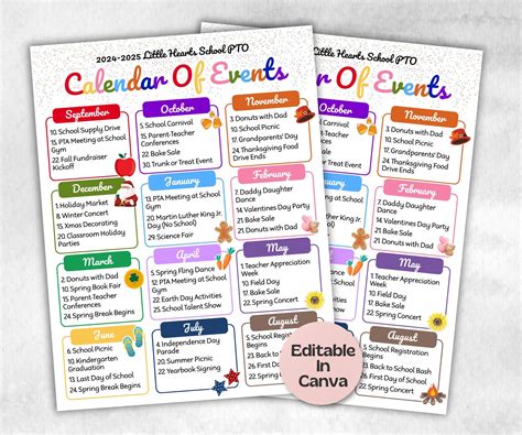 Monthly school events calendar flyer, PTA Monthly Calendar, PTO ...