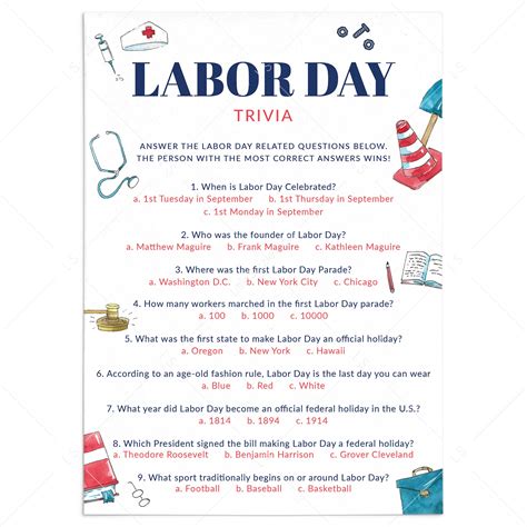 Labor Day Trivia with Answer Key Printable | Labor Day Quiz for all ...