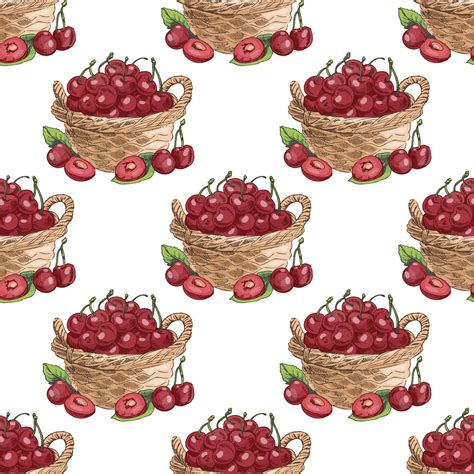 Hand drawn seamless pattern with wicker basket full of cherries and ...