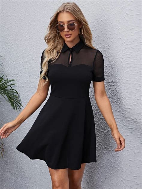 SHEIN Privé Sheer Mesh Yoke Flare Dress | SHEIN USA