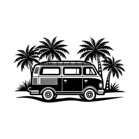 Retro-Vintage-Strandwagen-Silhouette mit Surfbrett auf dem Dach Perfekt ...