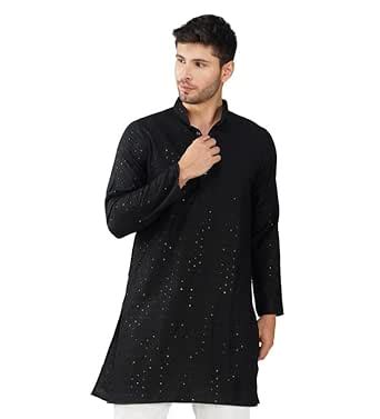 Buy Vastraa Fusion Men's Rayon Sequince Chikan Embroidery Kurta Long ...