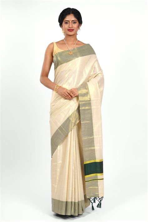 Teejh Pookode Kerala Tissue Dark green Saree