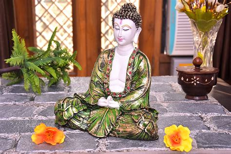 White and Green Sitting Buddha Showpiece for office Decor