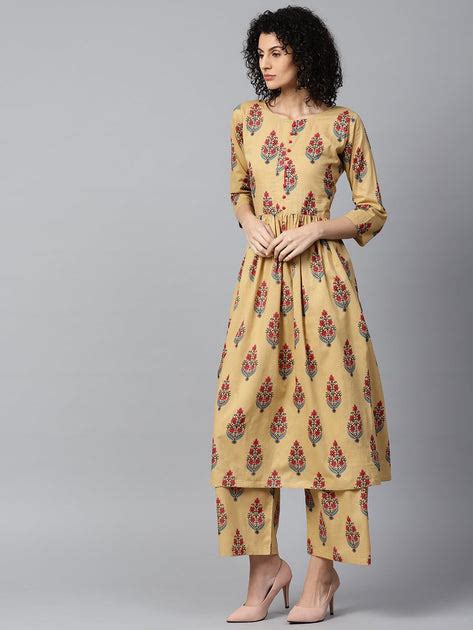 Yellow printed 3/4th sleeve cotton Anarkali kurta with printed palazzo ...