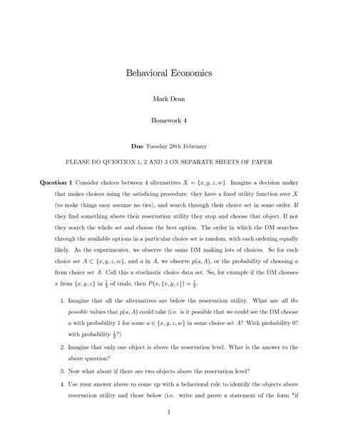 Behave HW 4 17 - Do good - Behavioral Economics Mark Dean Homework 4 ...