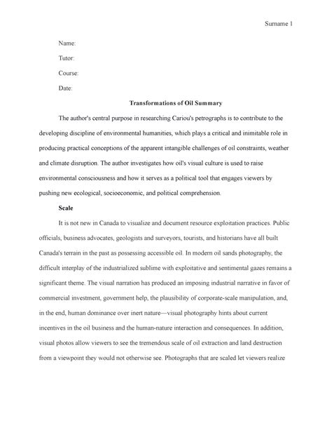 Transformations of Oil Summary - Name: Tutor: Course: Date ...