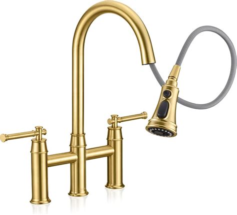 Amazon.com: Brushed Gold Bridge Kitchen Faucet, ORLANDO 3 Hole Kitchen ...