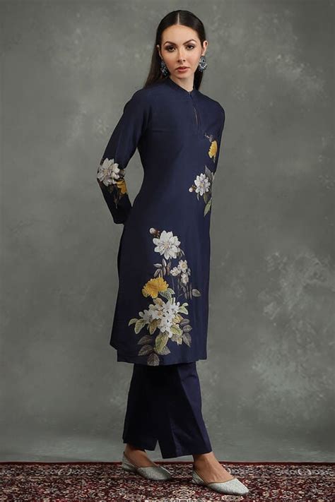 Rohit Bal Indigo Silk Chanderi Floral Printed Straight Kurta Set at ...